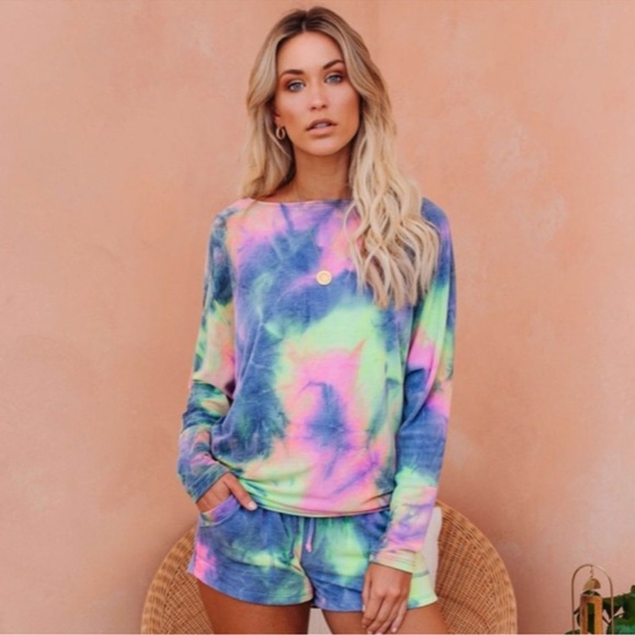 Vici Women’s Neon Tie Dye Harmony Top and Shorts Lounge Set Large - Picture 1 of 10